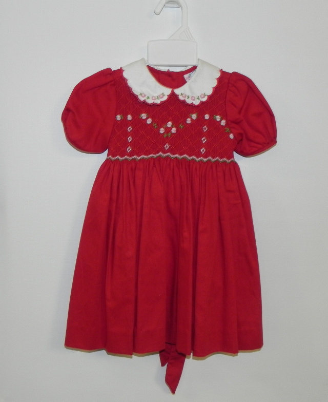 New! Peachy Kids size 24 month red smocked short sleeve cotton dress with white rounded collar. Our Price $41