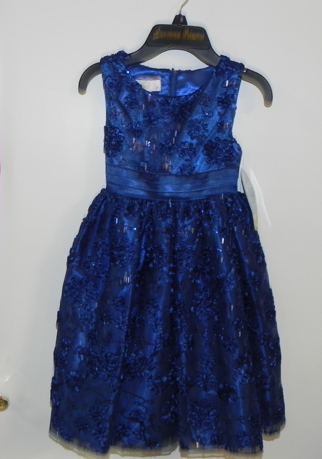 New! American Princess size 6 royal blue sleeveless dress with sequins and tieback sash. Our Price $30