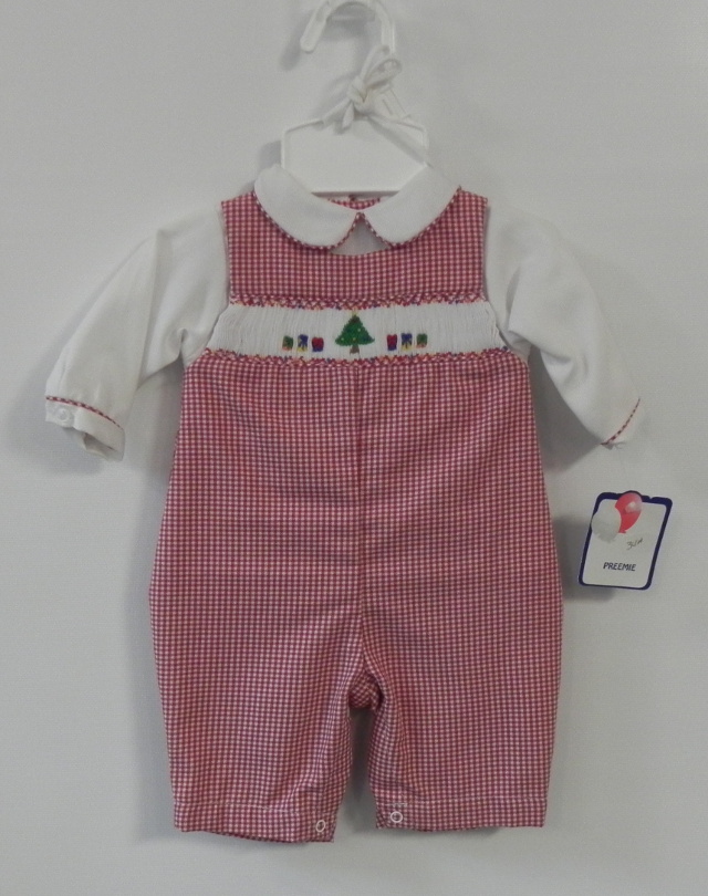 New! Petit Ami preemie red check plaid long sleeve long all with smocked Christmas tree and presents motif. Our Price $34
