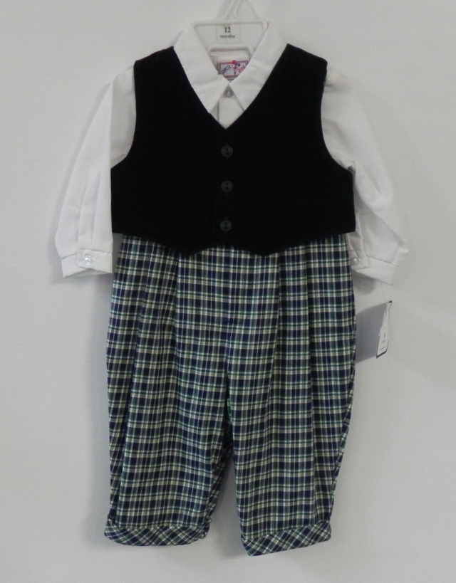 New! Petit Ami size 6 month two-piece boys outfit with white long sleeve shirt, forest green velvet vest and navy, green plaid matching pants. Our Price $38