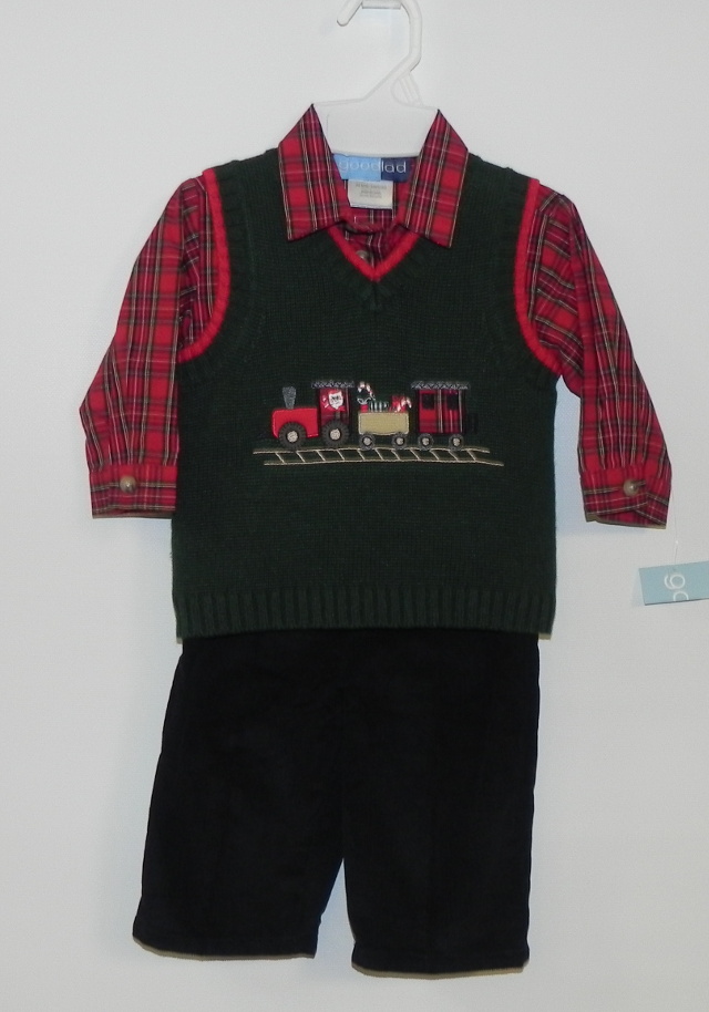 New! Good Lad size 6-9 month three-piece ensemble with green knit Christmas sweater vest, red plaid long sleeve shirt and black corduroy pants. Our Price $26.99