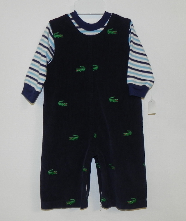 Chex Ami size 12 month two-piece set with stripped long sleeve shirt and navy corduroy long all with embroidered green alligators. Our Price $20