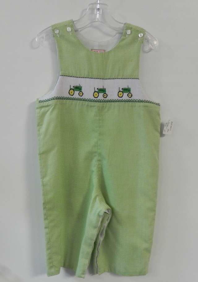 Southern Tots size 18 month lime green check long all with smocked John Deere tractors. Our Price $21