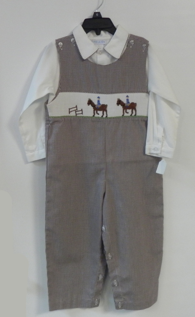 Vive La Fete size 3 brown check two-piece set with long sleeve shirt and long all with smocked horses and riders motif. Our Price $29.99