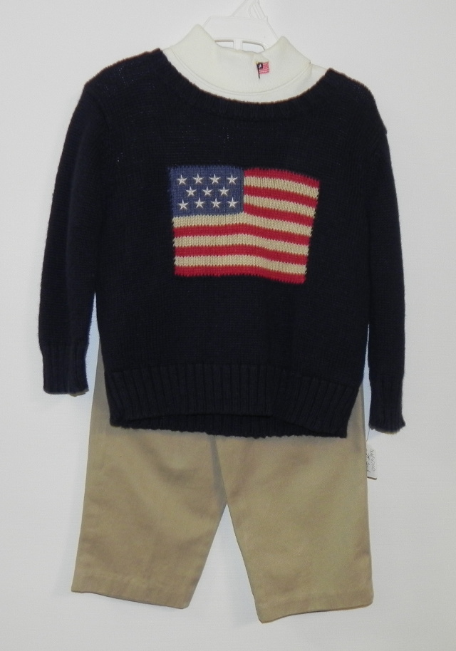 Good Lad size 2T three-piece set with ecru long sleeve turtleneck shirt, navy long sleeve knit sweater and khaki pants. Our Price 21