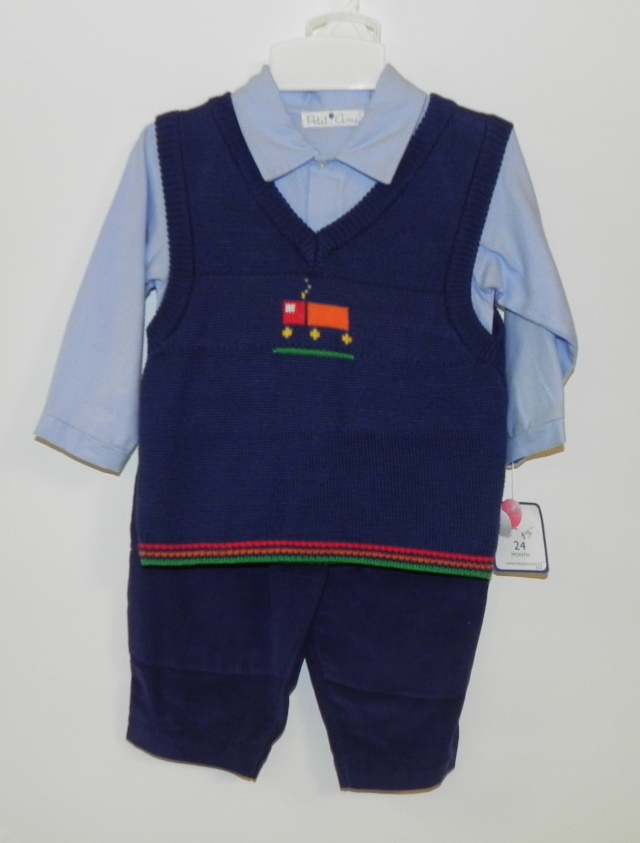 New! Petit Ami size 24 month three-piece set with blue long sleeve oxford shirt, navy knit sweater vest with train and navy corduroy pants. Our Price $38