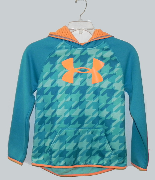 Under Armour YLG teal with orange lining hooded sweat shirt with front pockets. Our Price $40