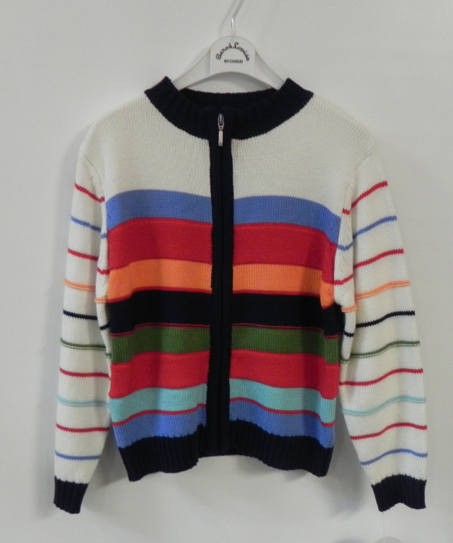 <b>New! Sarah Louise size 4Y boys multi strip zip front sweater. Our Price $40</b>