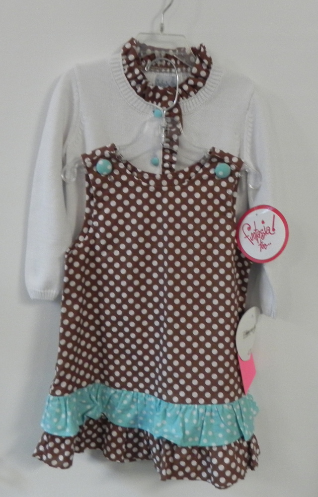 New! Funtasia! Too size 4T two-piece outfit with white knit sweater with teal cloth buttons and brown/white polka dot facing and brown/white polka dot cotton dress with matching teal cloth buttons. Our Price $69.99