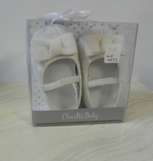 New! Charlie Baby size infant (6-9) girls ecru knit shoes with bows. Our Price $17.99