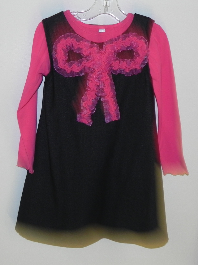 Love U Lots size 5 charcoal gray cotton jumper with pink ruffled bow and pink long sleeve knit top. Our Price $30